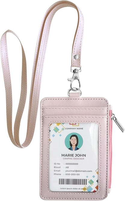bolimoss 2-in-1 ID Badge Holder & Lanyard Wallet Women Girl Leather Vertical ID Badge Card Holder with Detachable Neck Lanyard, 1 Clear ID Window, 4 Credit Card Slots, 1 Cash Coin Slot Light Pink