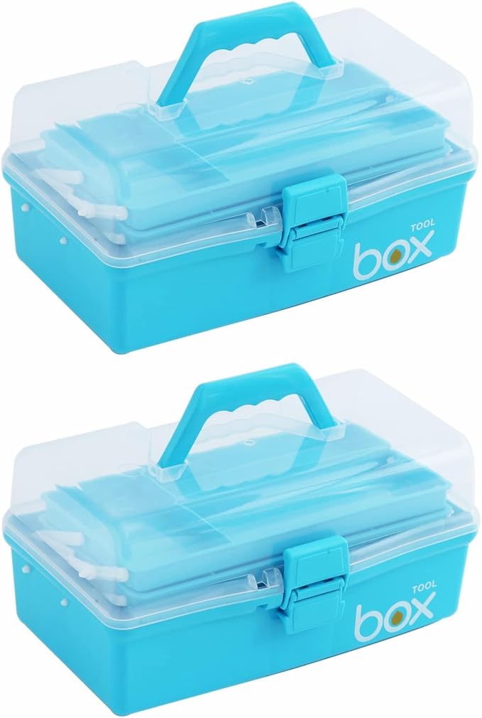 Kinsorcai 2PCS 12'' Three-Layer Clear Art Box Organizer, Multipurpose Plastic Craft Box with Handle (Blue)