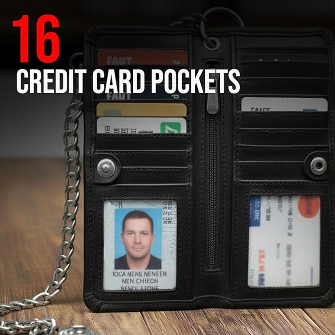CLASSIC Motorcycle Chain Wallet for Men – Premium Cowhide Leather, RFID Bi-Fold Biker Wallet with Heavy Duty Chain for Bikers Truckers & Hunters, Credit Card Money Organizer Long Wallet Aniline Black