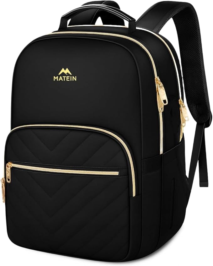 MATEIN Travel Laptop Backpack for Women, Large Water Resistant Nurse Teacher Bookbag, 17 Inch Computer Bag, Stylish Casual Daypack with Leather Handle, Perfect for Office Travel, Black