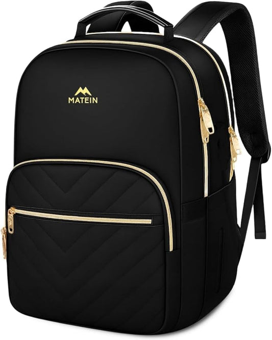 MATEIN Travel Laptop Backpack for Women, Large Water Resistant Nurse Teacher Bookbag, 17 Inch Computer Bag, Stylish Casual Daypack with Leather Handle, Perfect for Office Travel, Black