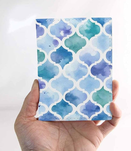 Watercolour Moroccan Passport Holder for Travel Blue Geometric Art Pattern PU Leather Passport Cover Wallet Cute Passport Card Holder for Women and Men