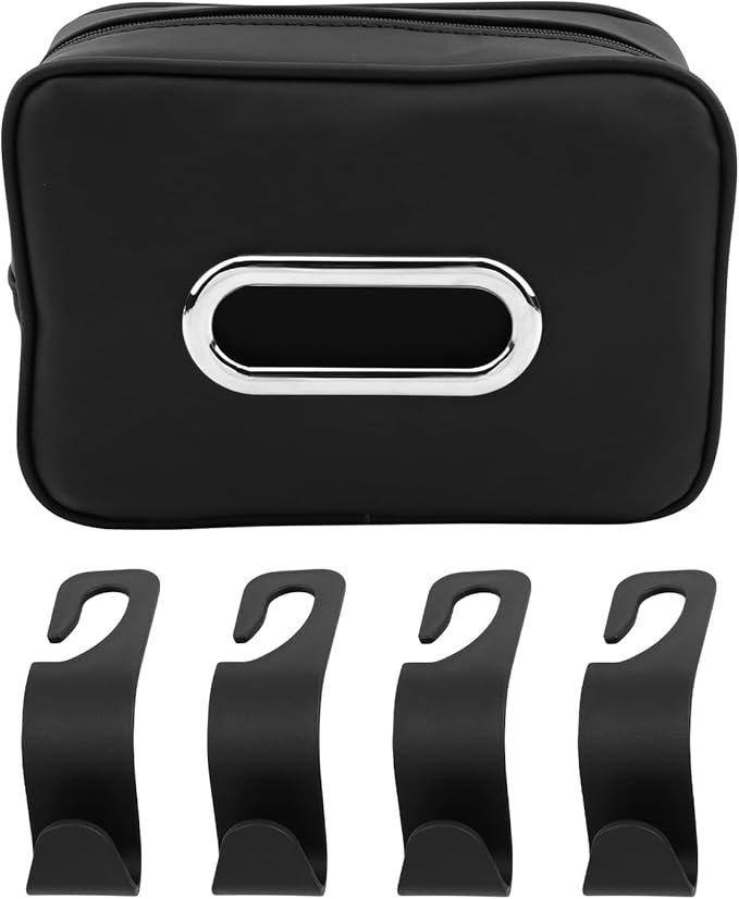Car Tissue Box Holder, Backseat Rectangular Napkin Holder with 4 Hooks, Small 7.5in PU Leather Napkin Organizer with Metal Ring for Easy Pulling, Fits Headrest, Dashboard & Sun Visor(Color:Black)