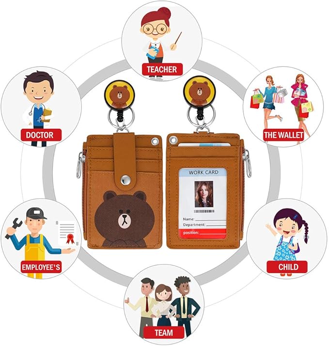 【2025 Latest】Cute Badge Holder Retractable Lanyard Reel Clip with Heavy Duty Carabiner, 1 Clear ID Window, and 4 Card Slots in 2 Sided for Students Teens Boys Girls Women (01 Brown Bear)