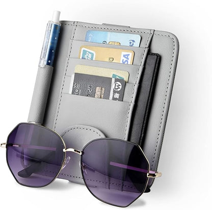 Gray Small Car Sun Visor Organizer with Clip, Sunglasses Holders for Car Sun Visor PU Auto Interior Accessories Storage Travel Document Holder with Multi Pocket