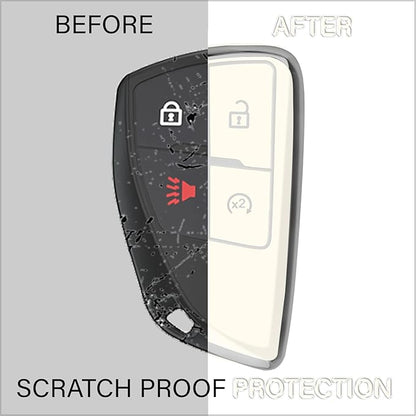 QBUC for Chevy Key Fob Cover with Keychain Soft TPU Protection Case Compatible with 2021-2026 Chevy Colorado Equinox Silverado GMC Canyon Sierra Terrain 4-Buttons(Chrome Trim White)