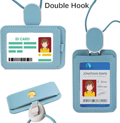 Larpur Convenient PU Leather Work ID Holder with Retractable Reel & Lanyard - Perfect for Office, School, and Key/Credit Card Storage (Aqua)
