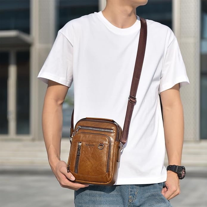 Messenger Bag for Men Crossbody Shoulder Purse Small Vintage PU Leather Satchel Pouch Side Crossover Handbag