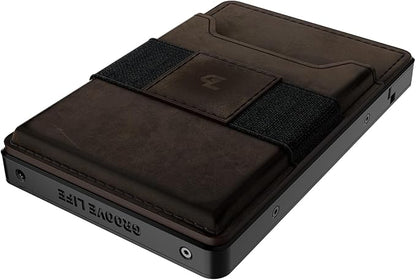 Groove Life Groove Magnetic Thumb Swipe Wallet Black/Brown Leather Go Mens Minimalist Aluminum Credit Card Holder with RFID Blocking, Genuine Leather Attachment