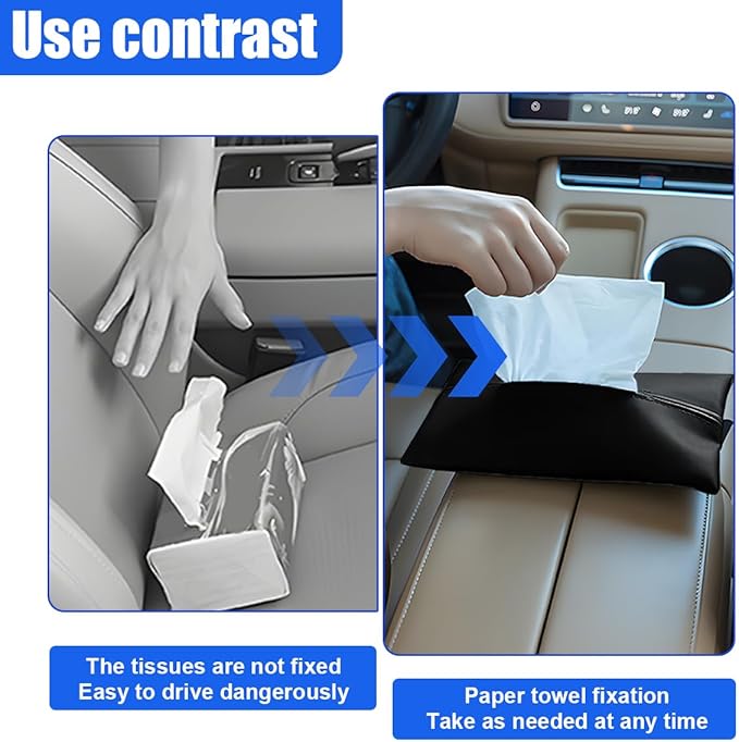 YoRise Car Tissue Holder, PU Leather Car Napkin Holder with Adjustable Strap, Center Console Tissues Box Cover, Sun Visor Organizer Keep Auto Tidy, Vehicle Headrest Storage Accessories (Black)