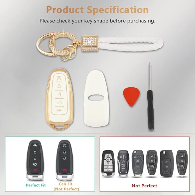 PIFOOG Key Fob Cover for Ford 5 Button Car Key Shell Case Glitter Keychain for Ford Edge Explorer Expedition Focus Taurus Escape C-Max Lincoln Smart Keys White Gold Girly Cute