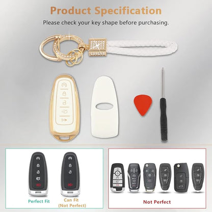 PIFOOG Key Fob Cover for Ford 5 Button Car Key Shell Case Glitter Keychain for Ford Edge Explorer Expedition Focus Taurus Escape C-Max Lincoln Smart Keys White Gold Girly Cute