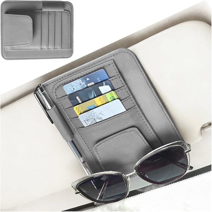 Car Sun Visor Organizer, PU Leather Vehicle Visor Document Storage Pocket for Sunglass Card Pen, Multifunctional Automotive Interior Holder Accessories, Universal Fit (Gray)