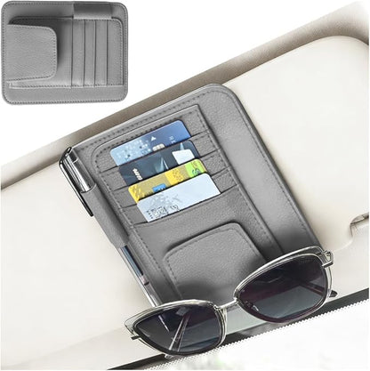 Car Sun Visor Organizer, PU Leather Vehicle Visor Document Storage Pocket for Sunglass Card Pen, Multifunctional Automotive Interior Holder Accessories, Universal Fit (Gray)