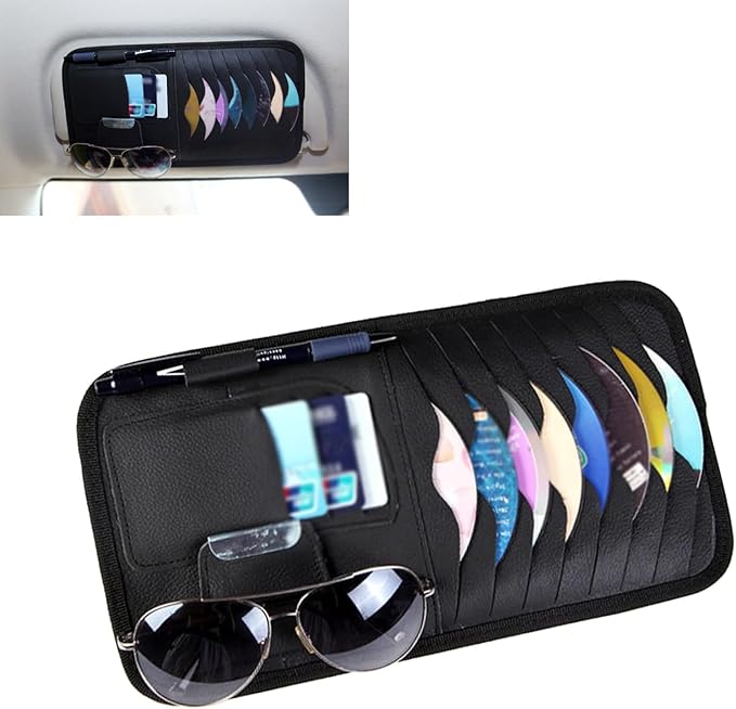 1 PC Car Sun Visor CD Storage Bag, Multi-pocket Leather Layered Organizer, Multi-functional Storage Folder for CDs Sunglasses Cards Pens, Universal Interior Accessories for Cars (Black)