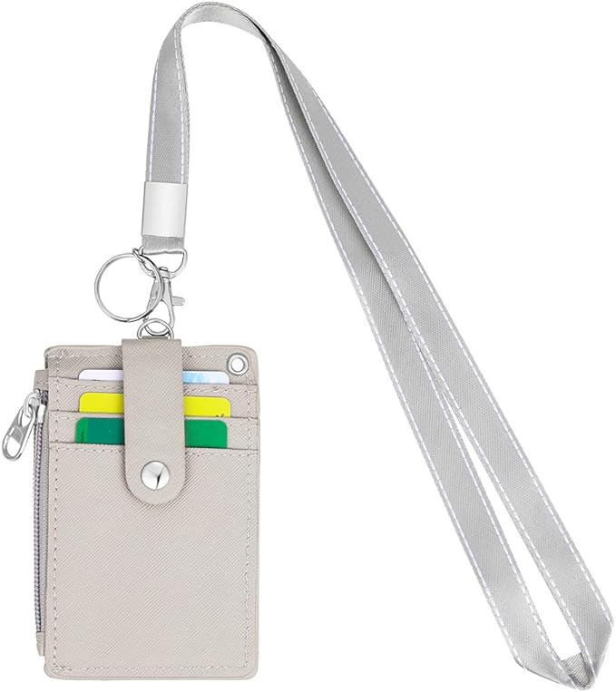 HASFINE 2 Pack ID Badge Holder with Lanyard,2 Sided 5 Card Slots ID Card Holder Wallet with PU Leather Zipper Pocket and Detachable Keychain Lanyard for Teens Men Women(Black & Gray)