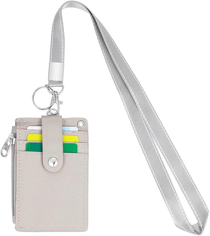 HASFINE 2 Pack ID Badge Holder with Lanyard,2 Sided 5 Card Slots ID Card Holder Wallet with PU Leather Zipper Pocket and Detachable Keychain Lanyard for Teens Men Women(Black & Gray)