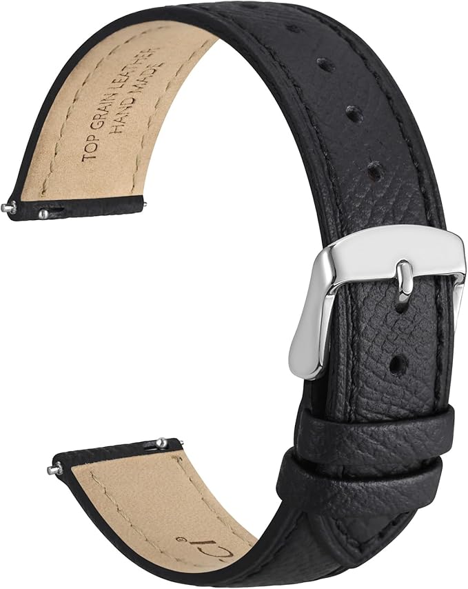 WOCCI 14mm Grace Watch Band for Ladies, Top Grain Leather, Quick Release Replacement Strap with Silver Buckle (Black)