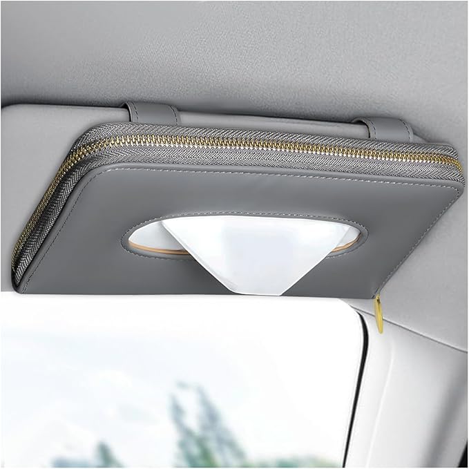 Car Tissue Holder, Sun Visor Napkin Box Premium PU Leather Tissue Case with Zipper, Rectangular Hanging Paper Organizer Mask Dispenser for Sedans SUVs Trucks, Car Accessories (Gray)