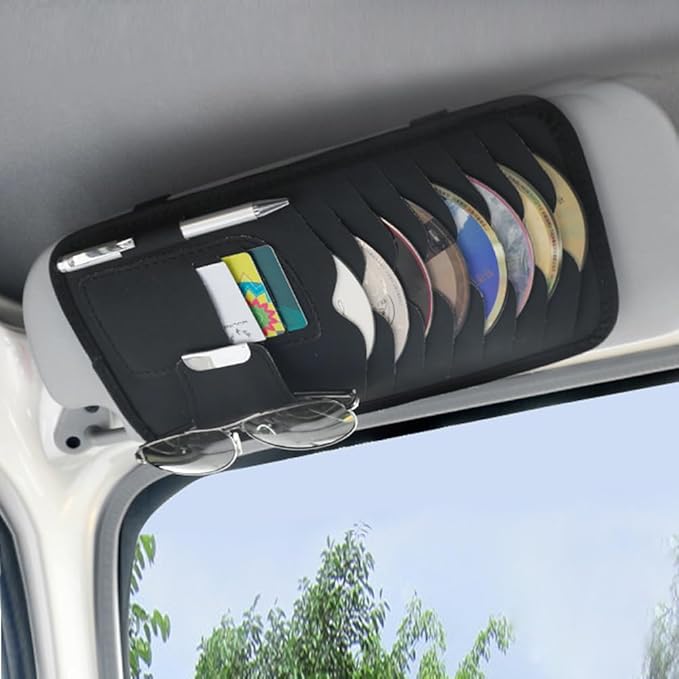 Car Sun Visor Pocket Organizer, Car CD or DVD Holder Storage Case, Multi-Pocket Visor Organizer Storage Pouch, Glasses Clip Storage Bag, Auto Interior Accessories Pocket Organizer (Black)