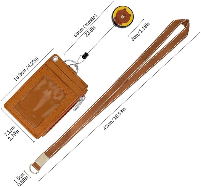 【2025 Latest】Cute Badge Holder Retractable Lanyard Reel Clip with Heavy Duty Carabiner, 1 Clear ID Window, and 4 Card Slots in 2 Sided for Students Teens Boys Girls Women (01 Brown Bear)