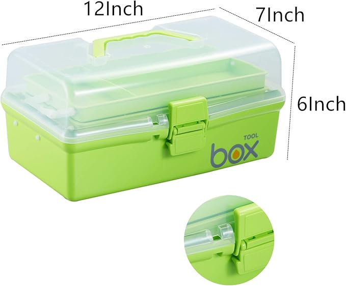 Kinsorcai 12'' Three-Layer Clear Plastic Storage Box/Tool Box, Multipurpose Organizer and Portable Handled Storage Case for Art Craft and Cosmetic (Green)