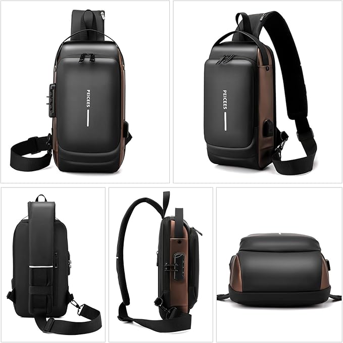 Peicees Mens Crossbody Bag Man Bags Mens Purse Anti-theft Leather Sling Bag Shoulder Bag Chest Bag for Daily Use, Blue Gold