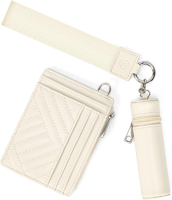 BOSTANTEN Keychain Wallet RFID Leather Credit Card Holder Wristlet Wallets for Women with Coin Purse ＆ Lipstick Case White
