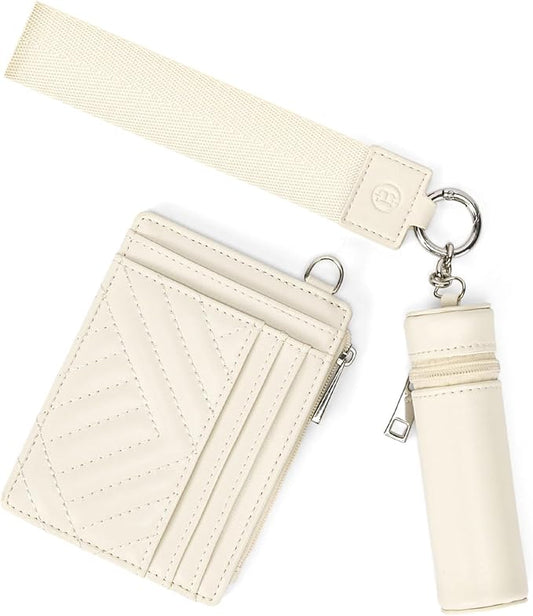 BOSTANTEN Keychain Wallet RFID Leather Credit Card Holder Wristlet Wallets for Women with Coin Purse ＆ Lipstick Case White