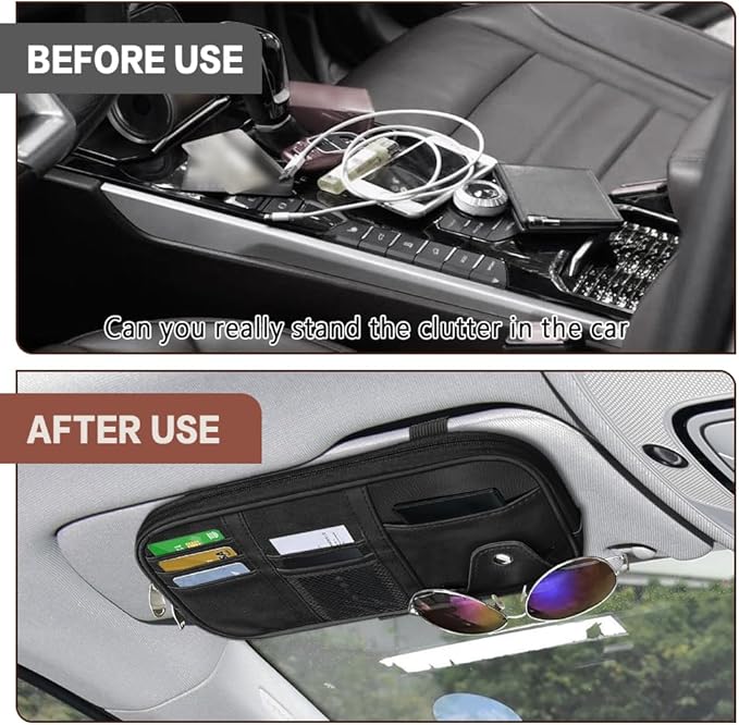 Car Sun Visor Organizer, Sunglasses Holders for Car Sun Visor, Storage Travel Document Holder with Multi Pocket Net Zipper, PU Auto Interior Accessories Universal for Car SUV Truck
