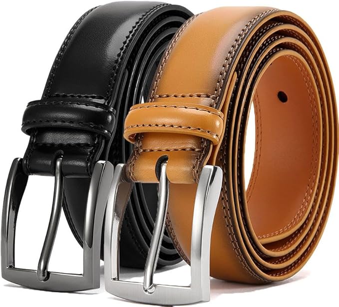 DOOPAI Men's Genuine Leather Dress Belt 2Pack - Handmade Classic Casual and Business Belt, 100% Cow Leather Prong Buckle,