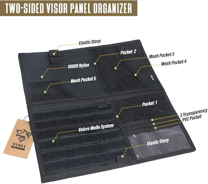 WYNEX Car Sun Visor Organizer with Double-Sided Folding MOLLE Panel, Auto Sun Visor Storage for Essentials & Tactical Gear, Compatible with Cars, Pickup, Trucks, Vans, SUVs