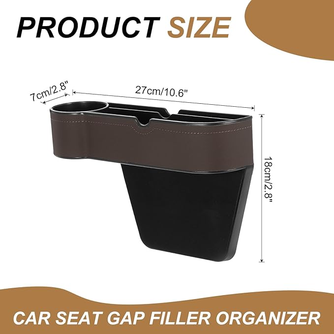 HARFINGTON Car Seat Gap Filler Organizer 10.6 x 7.1 x 2.8 Inch ABS+Leather Universal Car Organizer Storage Box Between Seat and Console (Left) with Cup Holders for Phone Keys, Brown