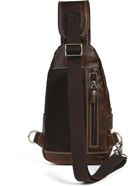 Genuine Leather Hiking Travel DayPack Sling Crossbody Triangle Chest Pack Bag For Men Women 8241 (8241 Dark Coffee)