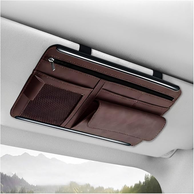 Car Sun Visor Organizer, Soft Leather Vehicle Sunshade Glasses Storage Bag with Net Zipper, Automotive Multi-Pocket Organizer for Drive License Card Glasses Document (Brown)