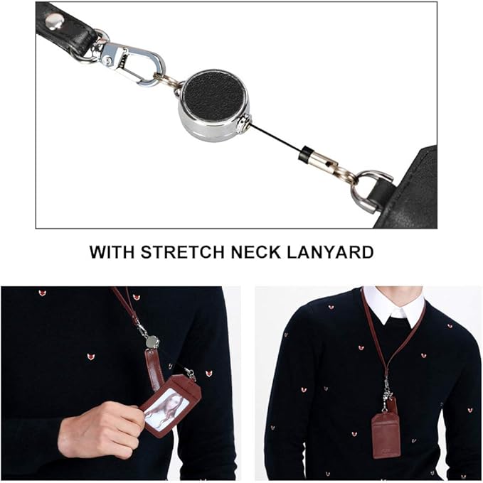 Office Badge Holder - Boshiho Genuine Leather Credit ID Card Holder with Stretch Neck Lanyard Vertical Style (Wine)