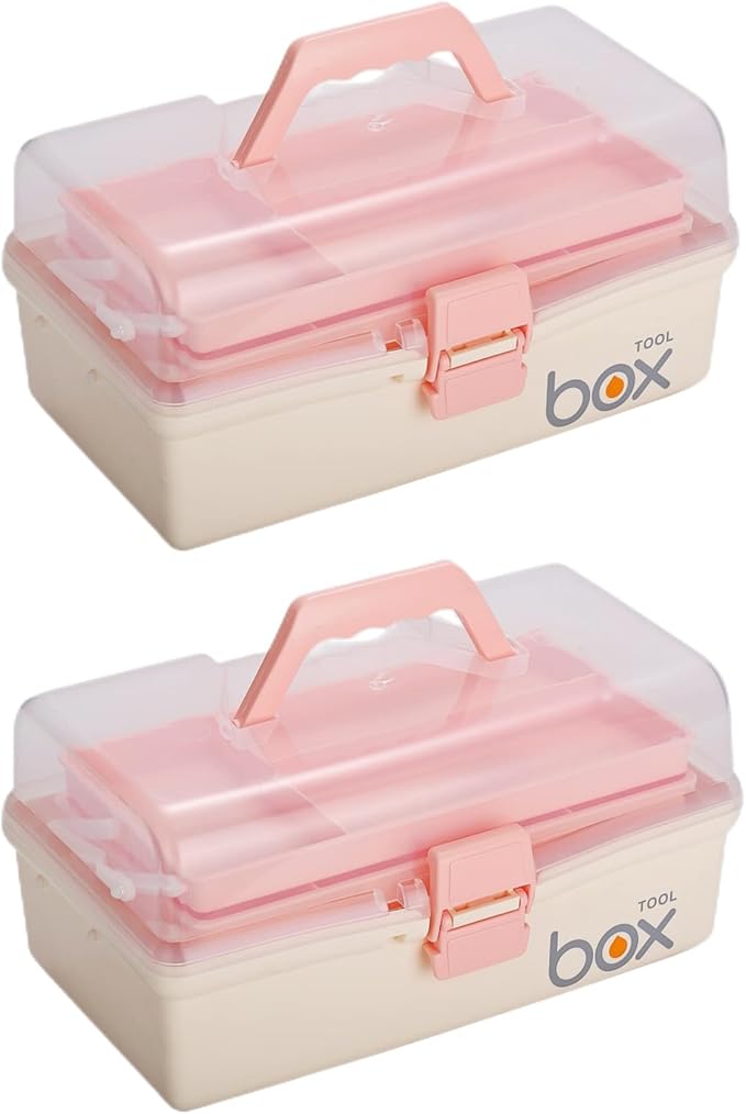 Kinsorcai 2PCS 12'' Three-Layer Clear Plastic Storage Box/Tool Box, Multipurpose Organizer and Portable Handled Storage Case for Art Craft and Cosmetic (White)