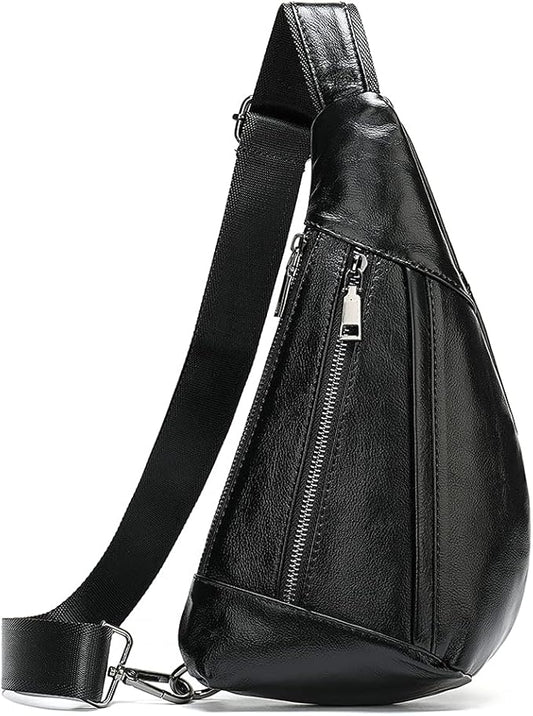 Hebetag Leather Crossbody Sling Bag for Men Women Single Shoulder Chest Pack Backpack Outdoor Travel Camping Casual Daypack Black