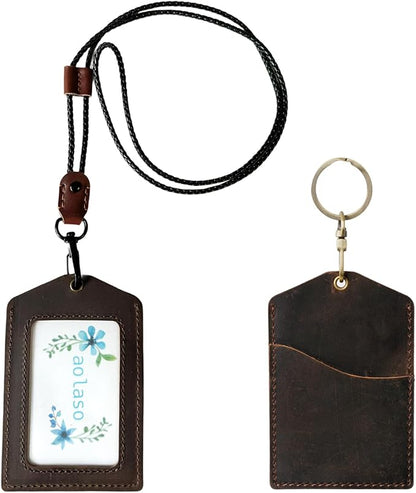 Badge Holder Vertical Handmade Leather ID Card Badge Holder Keychain with Heavy Duty Lanyard for Men Women (Coffee Leather)