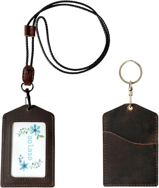 Badge Holder Vertical Handmade Leather ID Card Badge Holder Keychain with Heavy Duty Lanyard for Men Women (Coffee Leather)