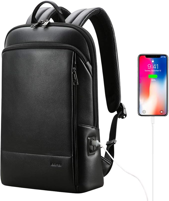 BOPai Unisex Slim Genuine Leather Laptop Backpack Men for 15-15.6 inch Business Smart Professional Lightweight Backpack with USB Charging Office Commuter Computer Rucksack Executive Anti Theft Black
