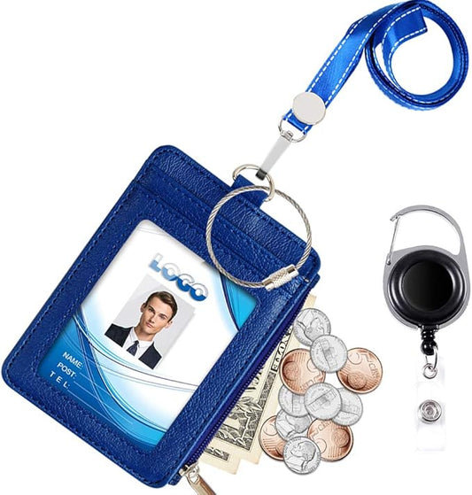 Badge Holder with Zipper, Life-Mate PU Leather ID Badge Card Holder Wallet Case with 5 Card Slots Zipper Pocket 19" Polyester Neck Lanyard Heavy Duty Metal Retractable Badge Reel (Blue)
