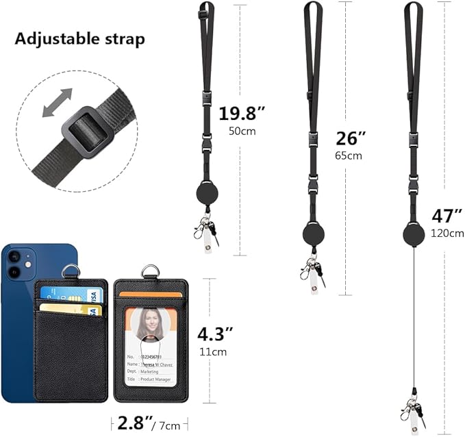 Leather Badge Holder and Adjustable Retractable Lanyards, Quick Release Buckle and Safety Breakaway Lanyards with Swivel Metal Clasp for Offices, Staff, Students, Employees