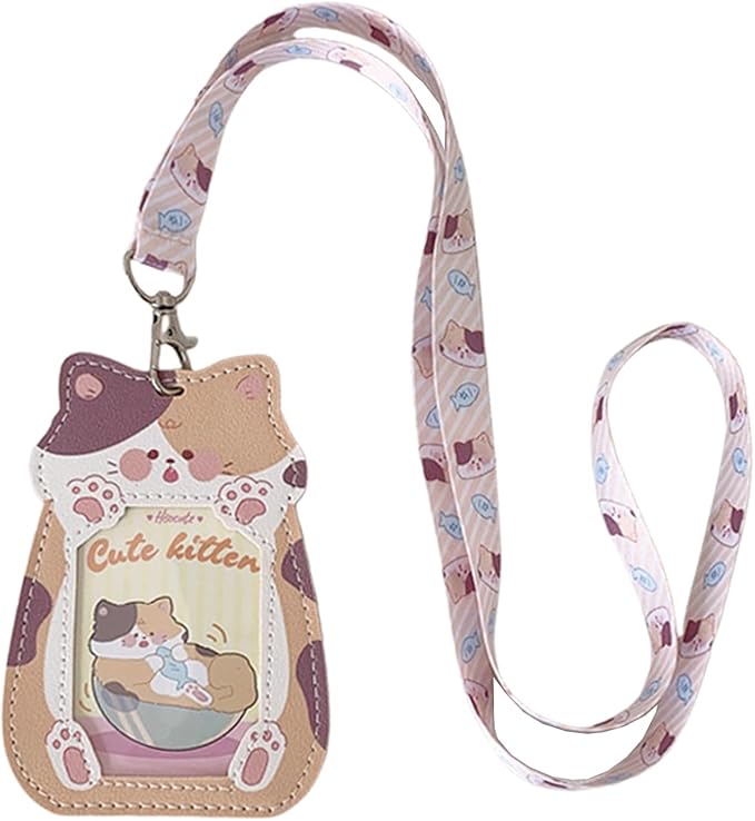 Cute Badge Holder Lanyard Cartoon Cat ID Card Holder Kawaii ID Badge Keys Lanyard Strap Neck Lanyard PU Leather Badge Holder for Women Girls Boys (Cat-1)