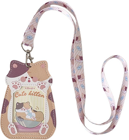 Cute Badge Holder Lanyard Cartoon Cat ID Card Holder Kawaii ID Badge Keys Lanyard Strap Neck Lanyard PU Leather Badge Holder for Women Girls Boys (Cat-1)