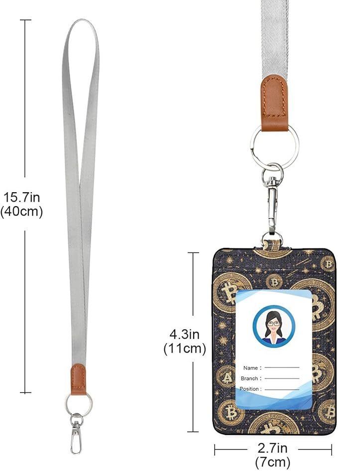 Badge Holder, Bitcoins Logos PU Leather School College Business ID Badge Card Holder Wallet Case with 1 Clear Window, 2 Credit Card Slots and Detachable Neck Lanyard - Vertical