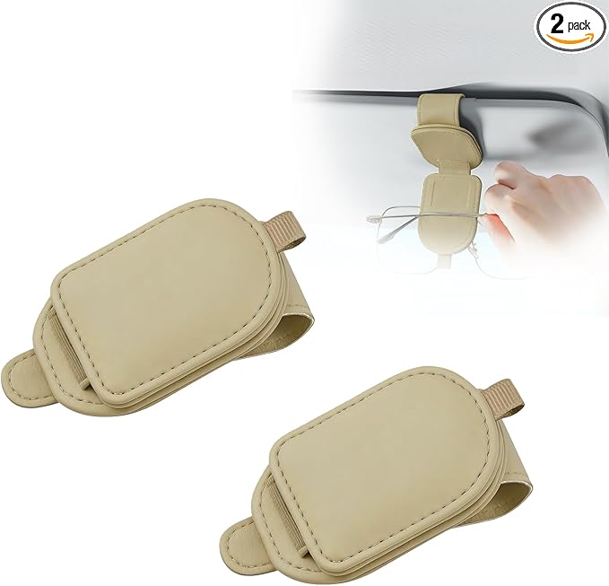 Sunglass Holder for Car Visor, Magnetic Leather Eyeglass Holder, Universal Car Sunglass Organizer Visor Accessories for SUV Truck Pickup, 2 Pack (Beige)