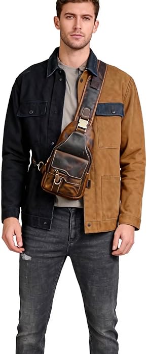 Thick Crazy horse Leather Triangle Crossbody Sling Chest Bag Travel One Shoulder Bag Daypack For Men Male 3028