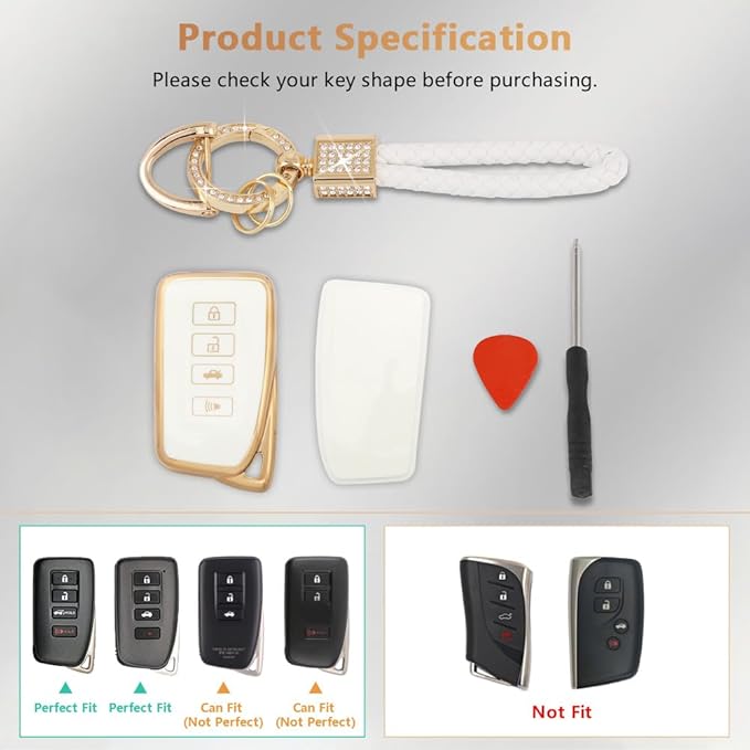 PIFOOG for Lexus Key Fob Cover White Gold Soft TPU 4 Button Car Keys Case Shell Full Protector Bling Keychain for Lexus NX RX GS IS ES LS RC Smart Keys Accessories Girly Women Cute