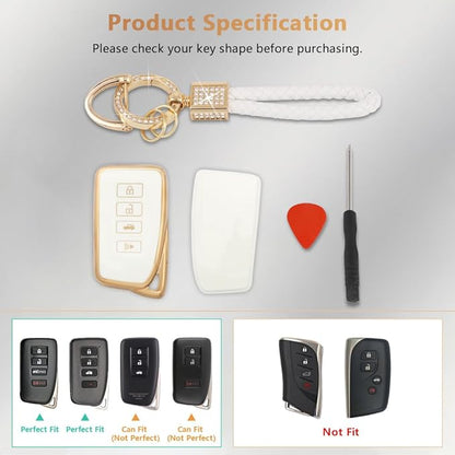 PIFOOG for Lexus Key Fob Cover White Gold Soft TPU 4 Button Car Keys Case Shell Full Protector Bling Keychain for Lexus NX RX GS IS ES LS RC Smart Keys Accessories Girly Women Cute